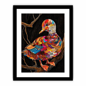 Colorful mosaic duck illustration perched on branch vibrant modern wall art