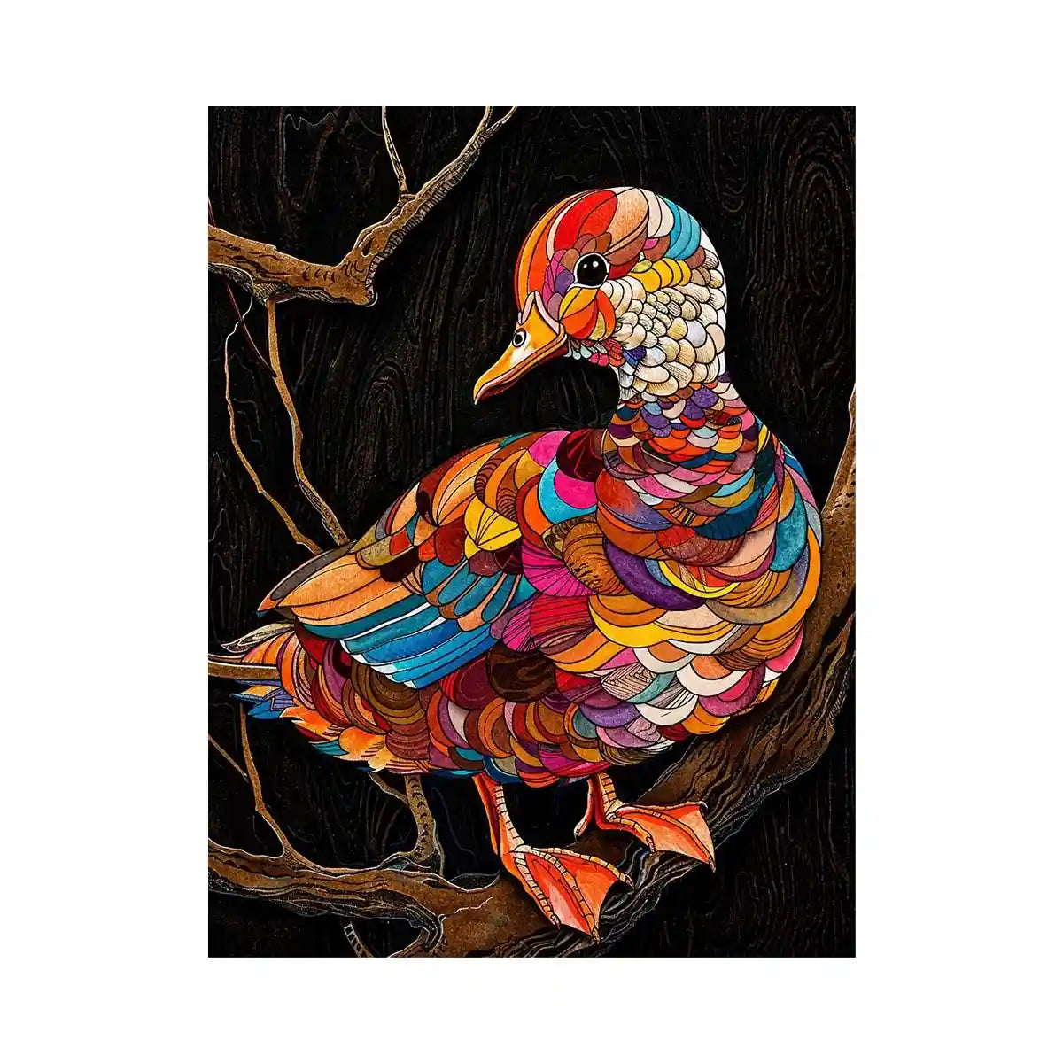 Colorful mosaic duck illustration perched on branch vibrant modern wall art
