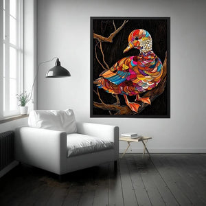 Colorful mosaic duck illustration perched on branch vibrant modern wall art
