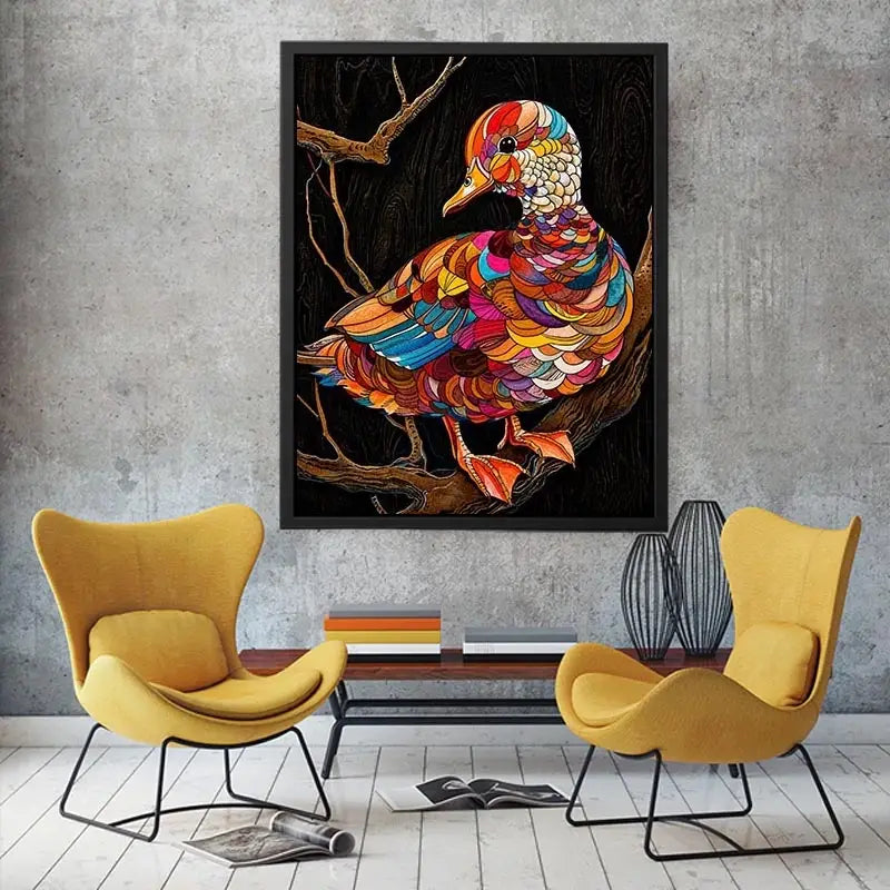 Colorful mosaic duck illustration perched on branch vibrant modern wall art