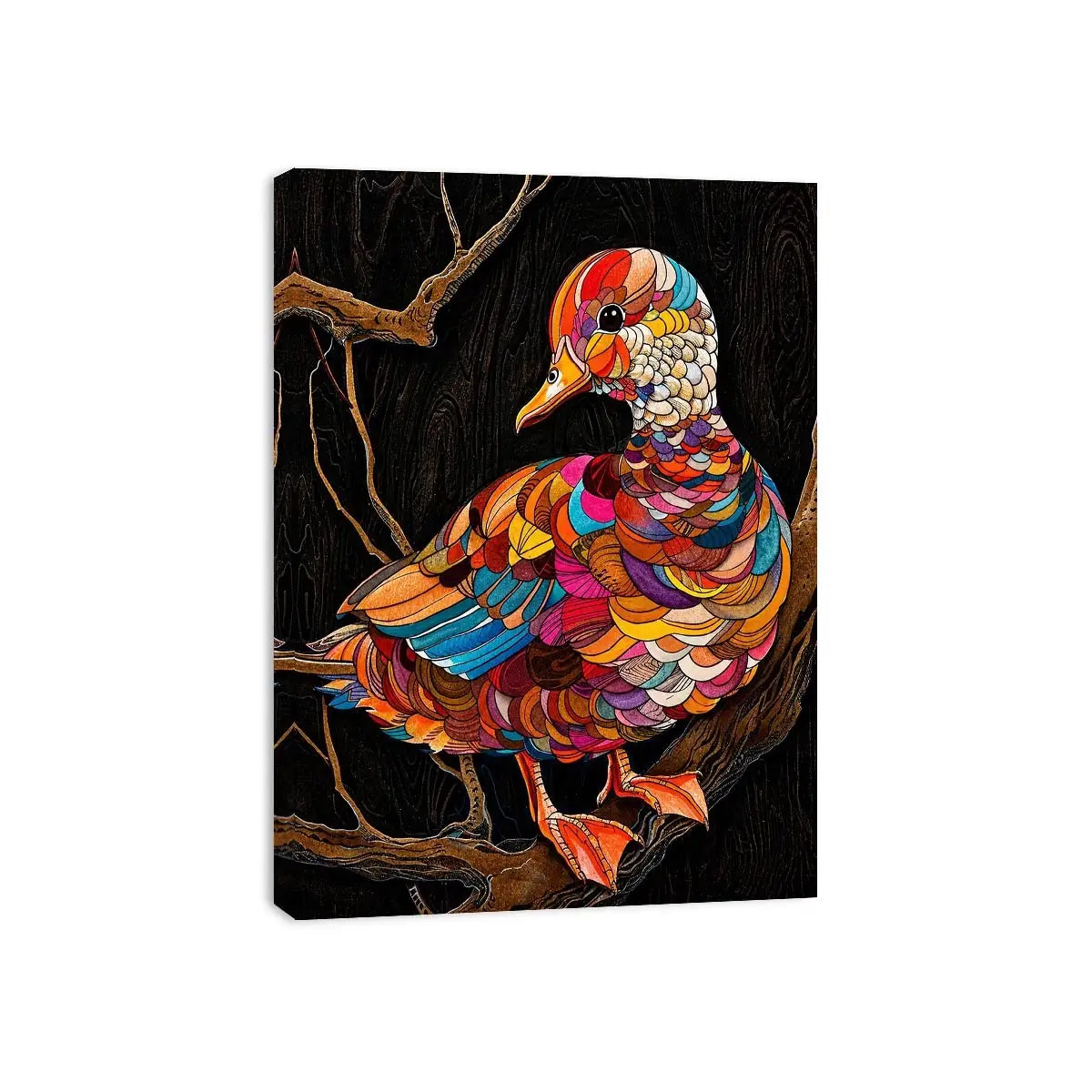 Colorful mosaic duck illustration perched on branch vibrant modern wall art