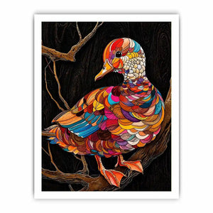 Colorful mosaic duck illustration perched on branch vibrant modern wall art