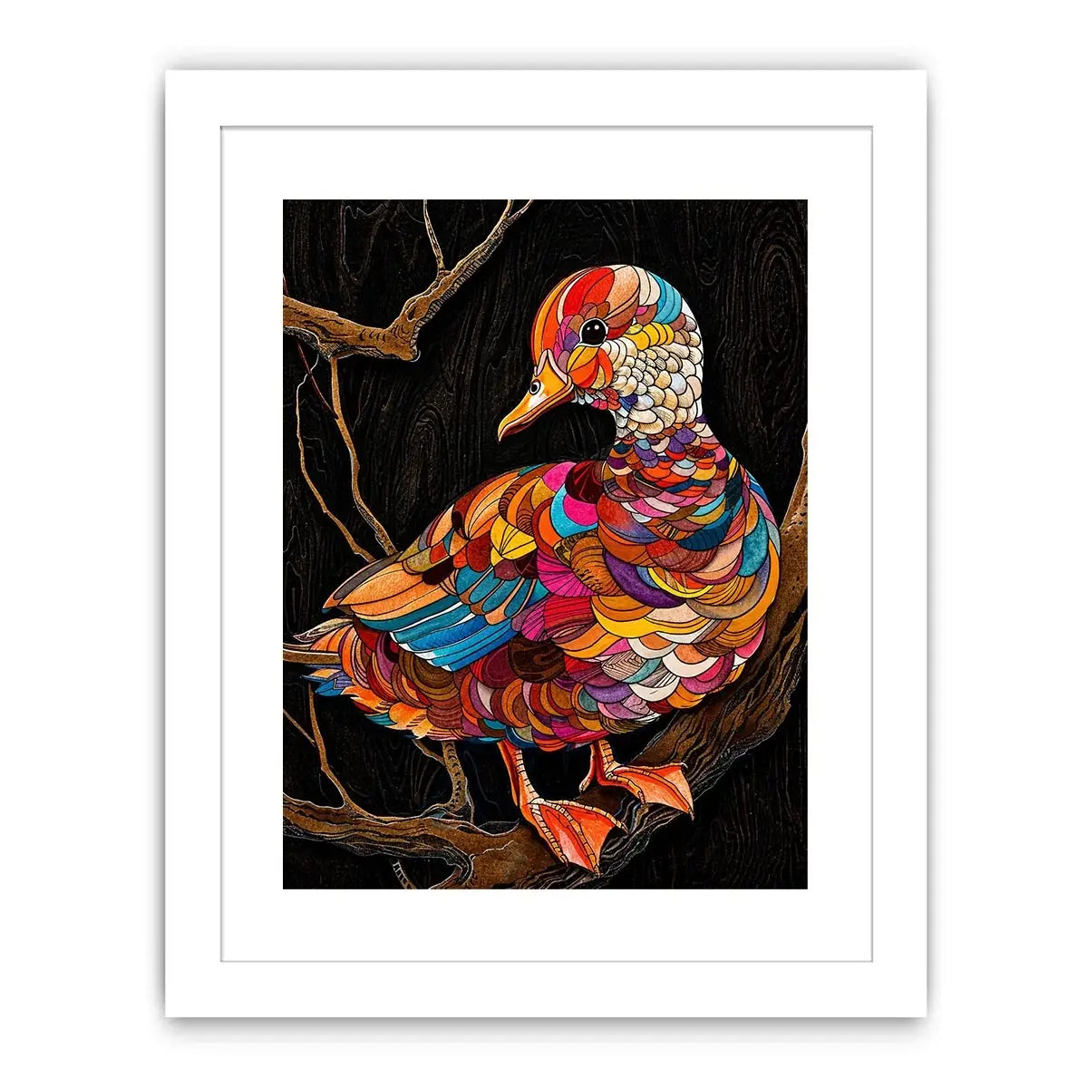 Colorful mosaic duck illustration perched on branch vibrant modern wall art