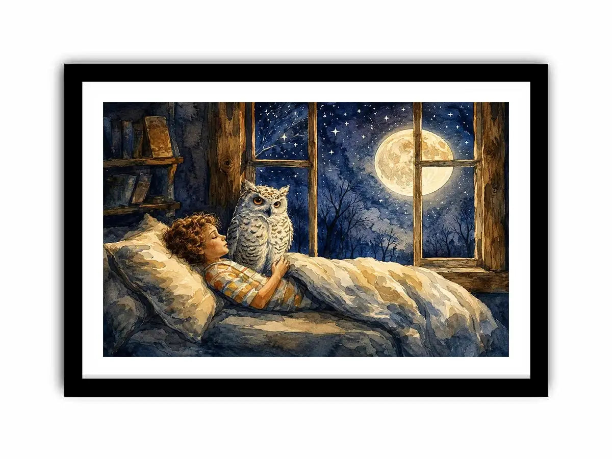 Moonlit Owl Dreams watercolor style canvas art for elegant modern home decor.