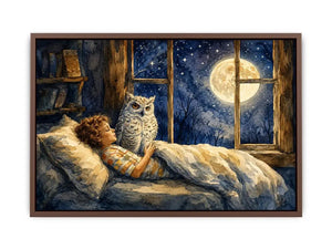Moonlit Owl Dreams watercolor style canvas art for elegant modern home decor.