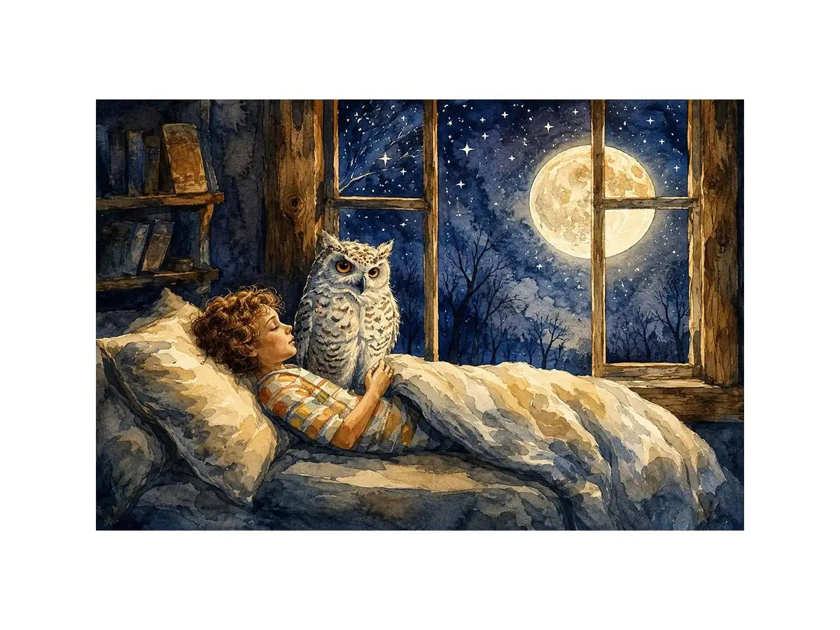 Moonlit Owl Dreams watercolor style canvas art for elegant modern home decor.