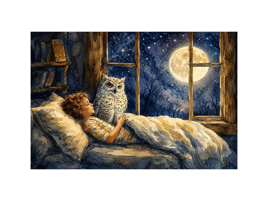 Moonlit Owl Dreams watercolor style canvas art for elegant modern home decor.