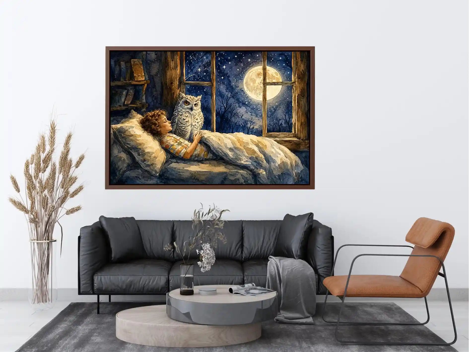 Moonlit Owl Dreams watercolor style canvas art for elegant modern home decor.