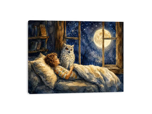 Moonlit Owl Dreams watercolor style canvas art for elegant modern home decor.