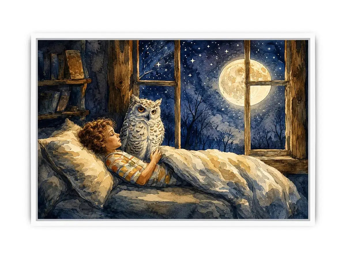 Moonlit Owl Dreams watercolor style canvas art for elegant modern home decor.
