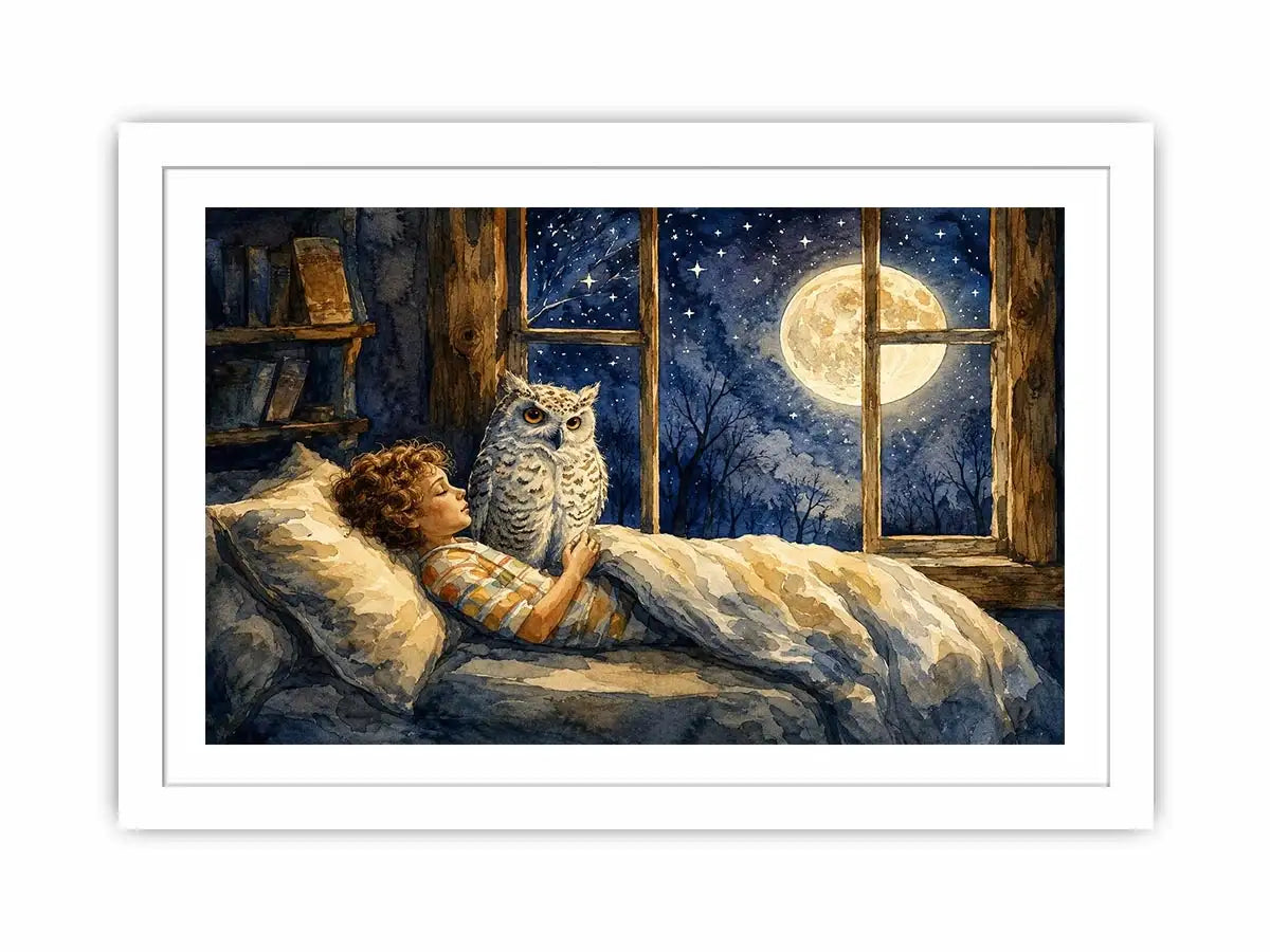 Moonlit Owl Dreams watercolor style canvas art for elegant modern home decor.