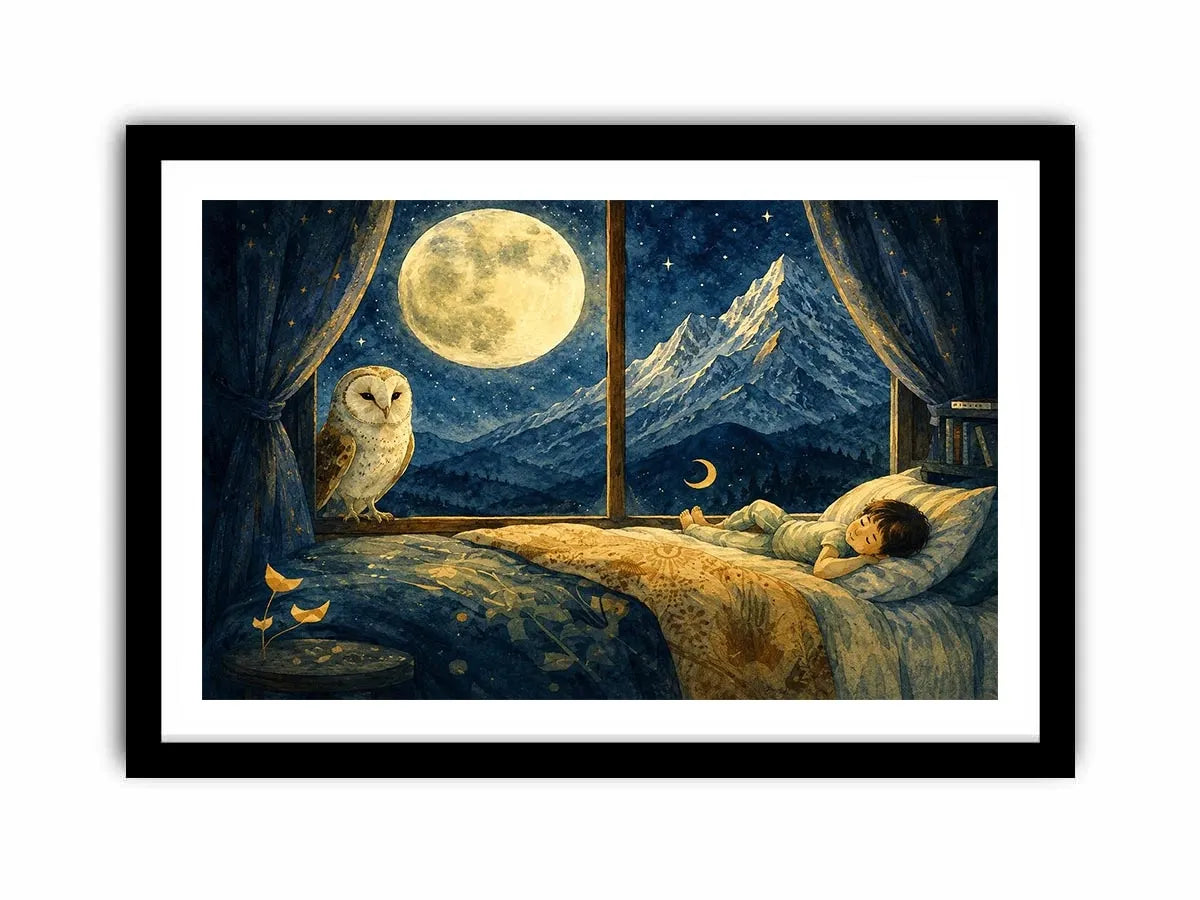 Alpine Moon Watch watercolor style canvas art for elegant modern home decor.
