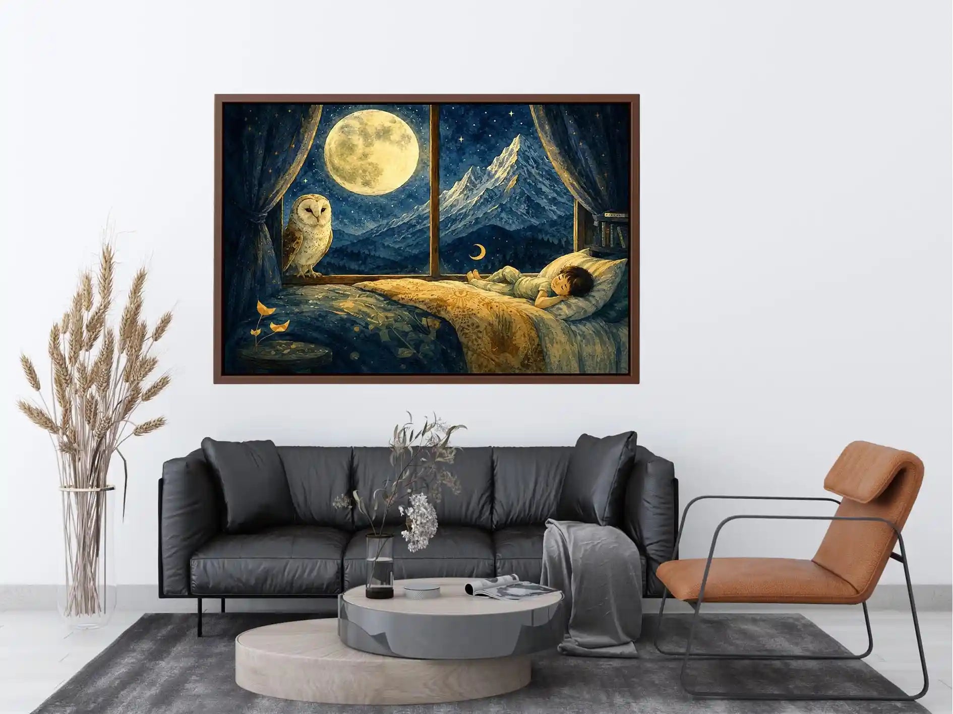 Alpine Moon Watch watercolor style canvas art for elegant modern home decor.