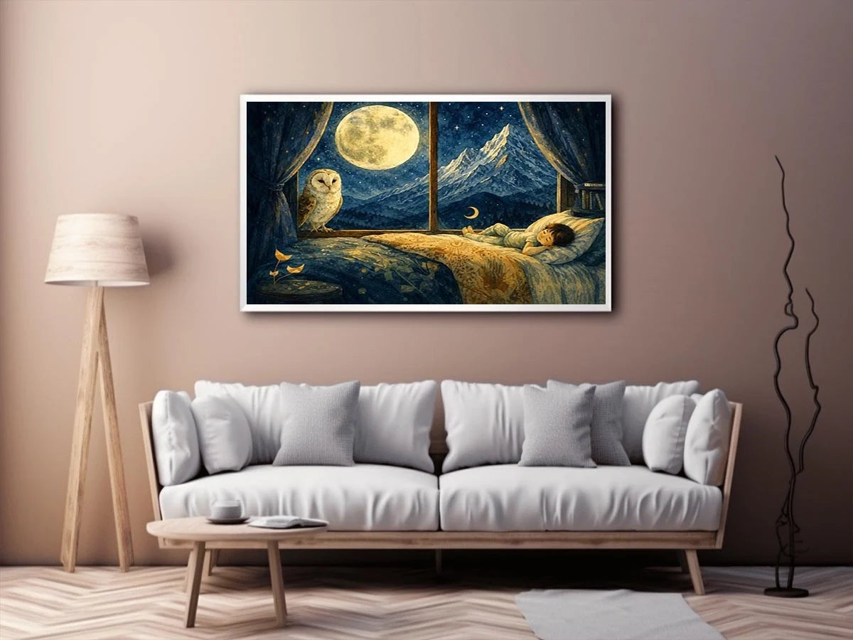 Alpine Moon Watch watercolor style canvas art for elegant modern home decor.