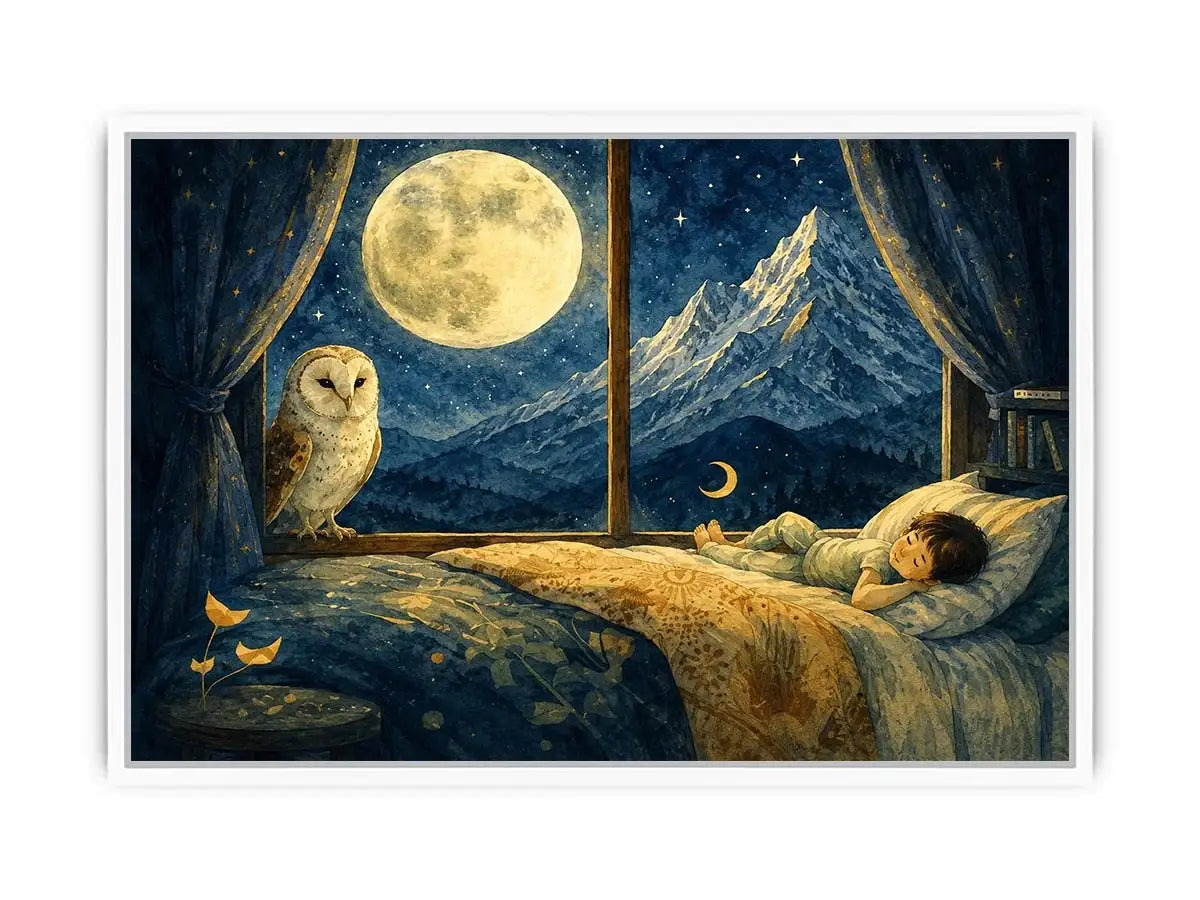 Alpine Moon Watch watercolor style canvas art for elegant modern home decor.