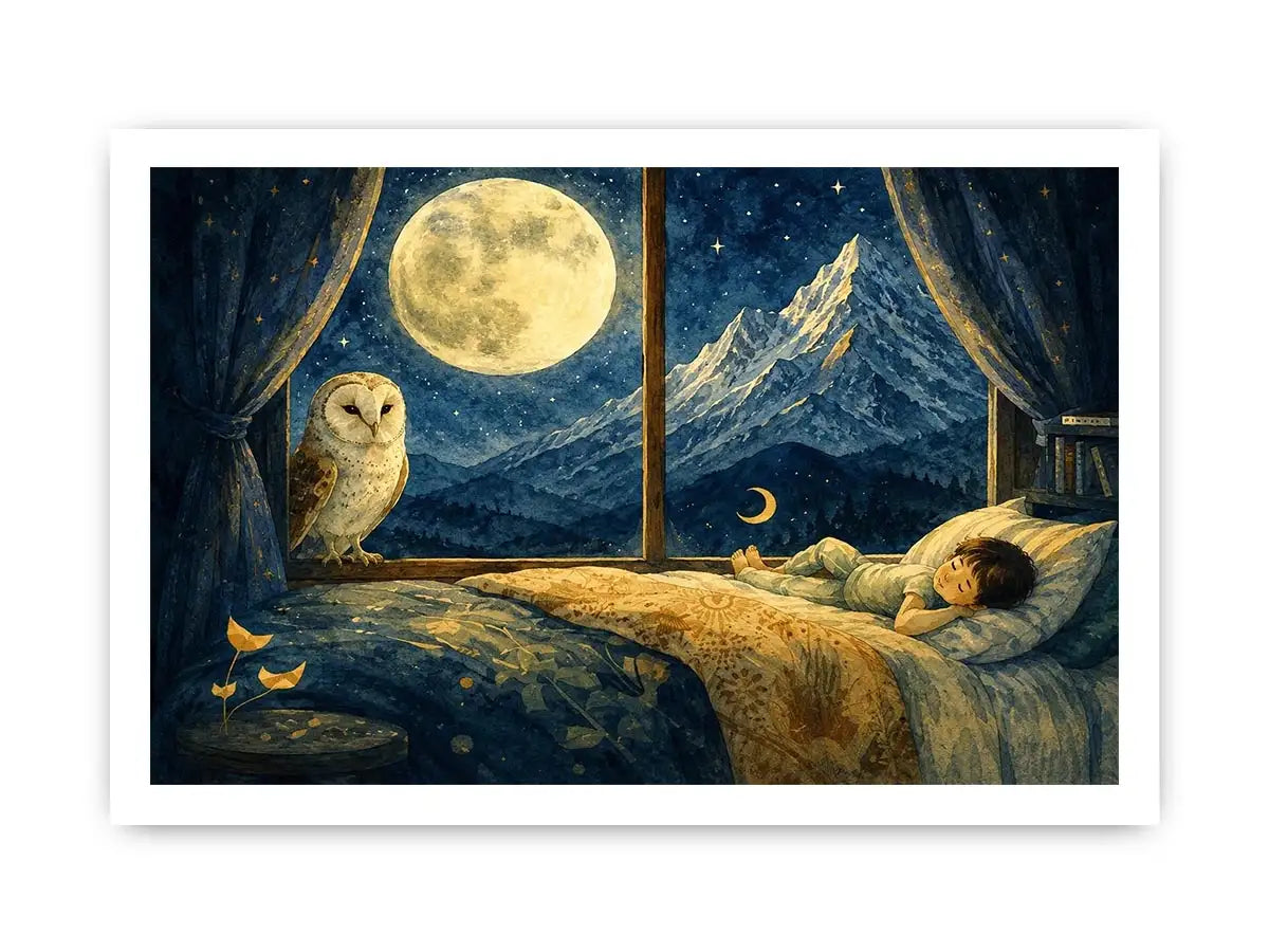 Alpine Moon Watch watercolor style canvas art for elegant modern home decor.