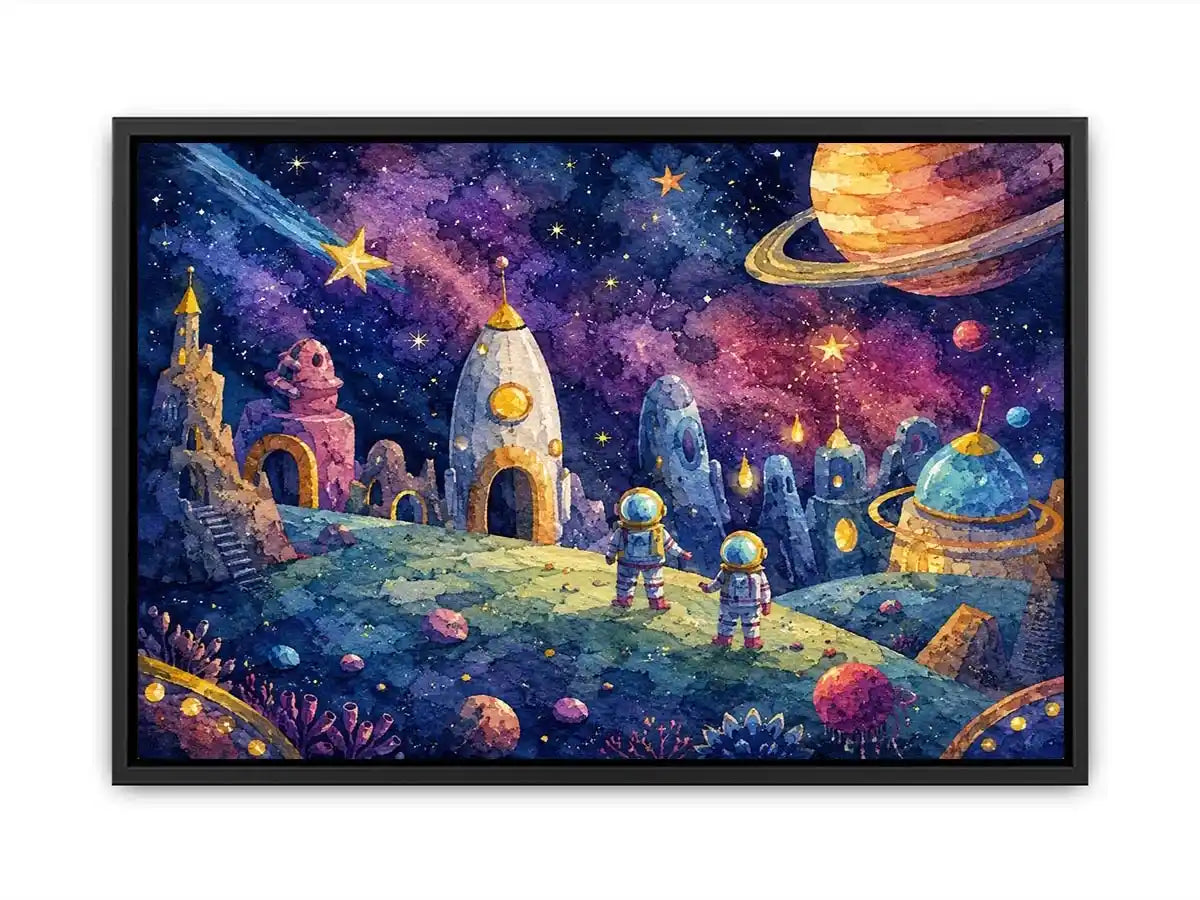 Cosmic Explorer Village watercolor style canvas art for elegant modern home decor.