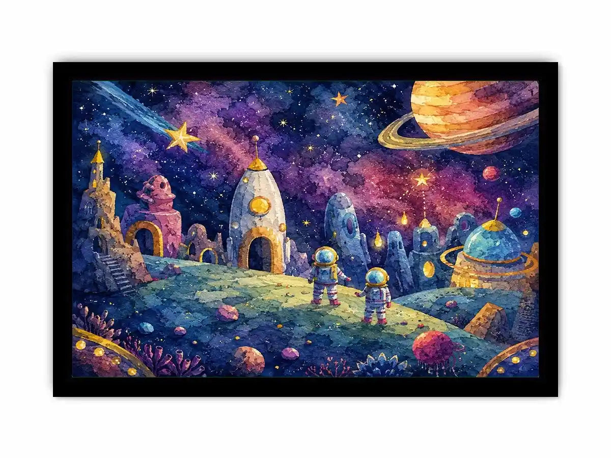 Cosmic Explorer Village watercolor style canvas art for elegant modern home decor.