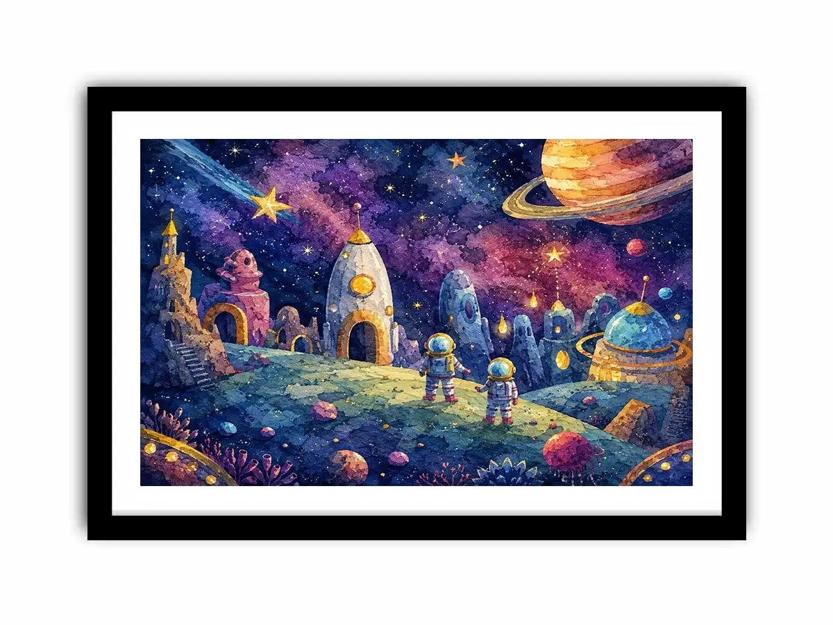 Cosmic Explorer Village watercolor style canvas art for elegant modern home decor.
