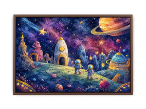 Cosmic Explorer Village watercolor style canvas art for elegant modern home decor.