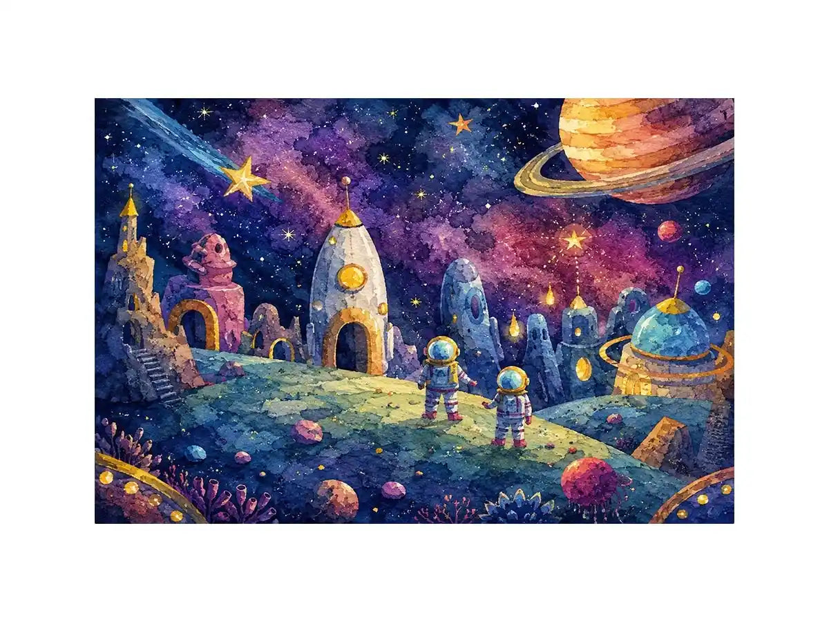 Cosmic Explorer Village watercolor style canvas art for elegant modern home decor.