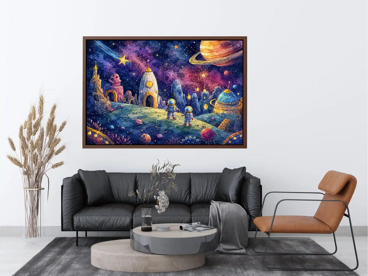 Cosmic Explorer Village watercolor style canvas art for elegant modern home decor.