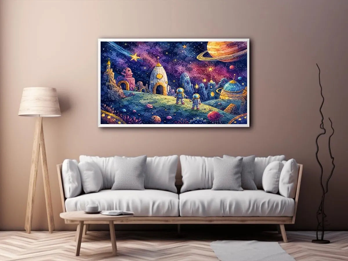 Cosmic Explorer Village watercolor style canvas art for elegant modern home decor.