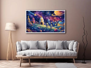 Cosmic Explorer Village watercolor style canvas art for elegant modern home decor.