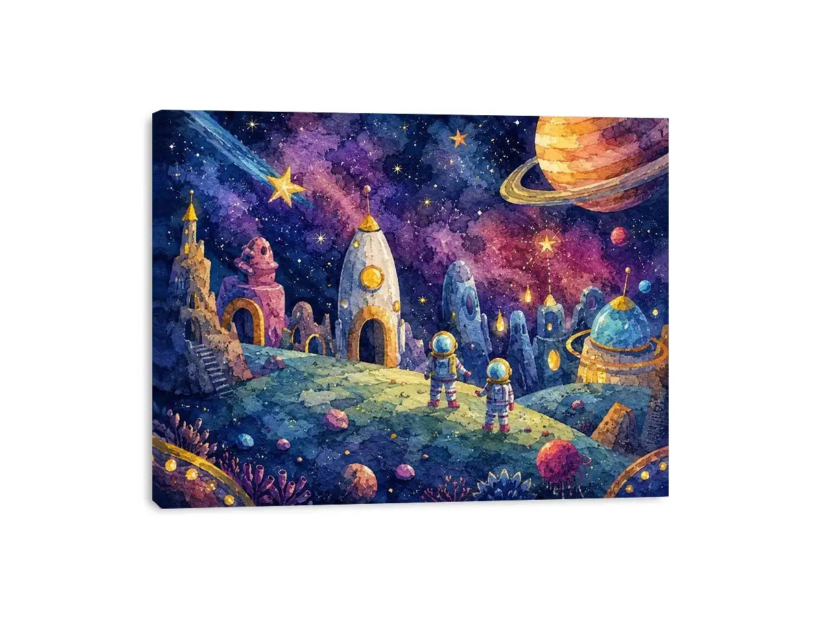 Cosmic Explorer Village watercolor style canvas art for elegant modern home decor.