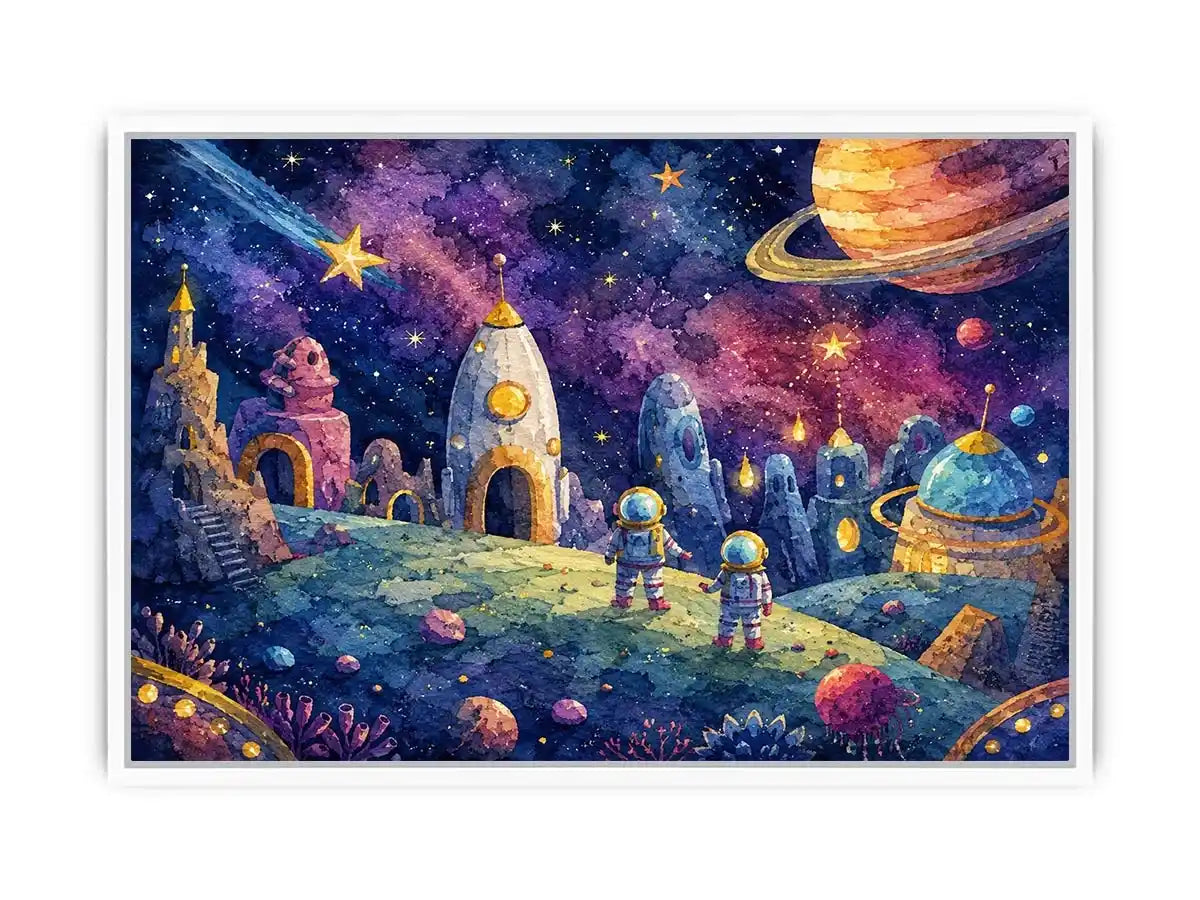 Cosmic Explorer Village watercolor style canvas art for elegant modern home decor.