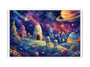 Cosmic Explorer Village watercolor style canvas art for elegant modern home decor.