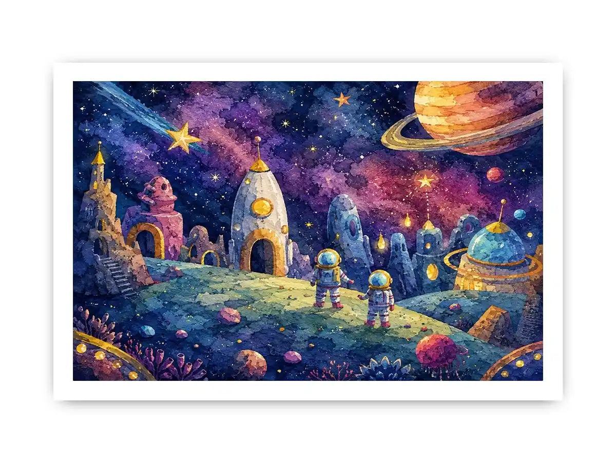 Cosmic Explorer Village watercolor style canvas art for elegant modern home decor.