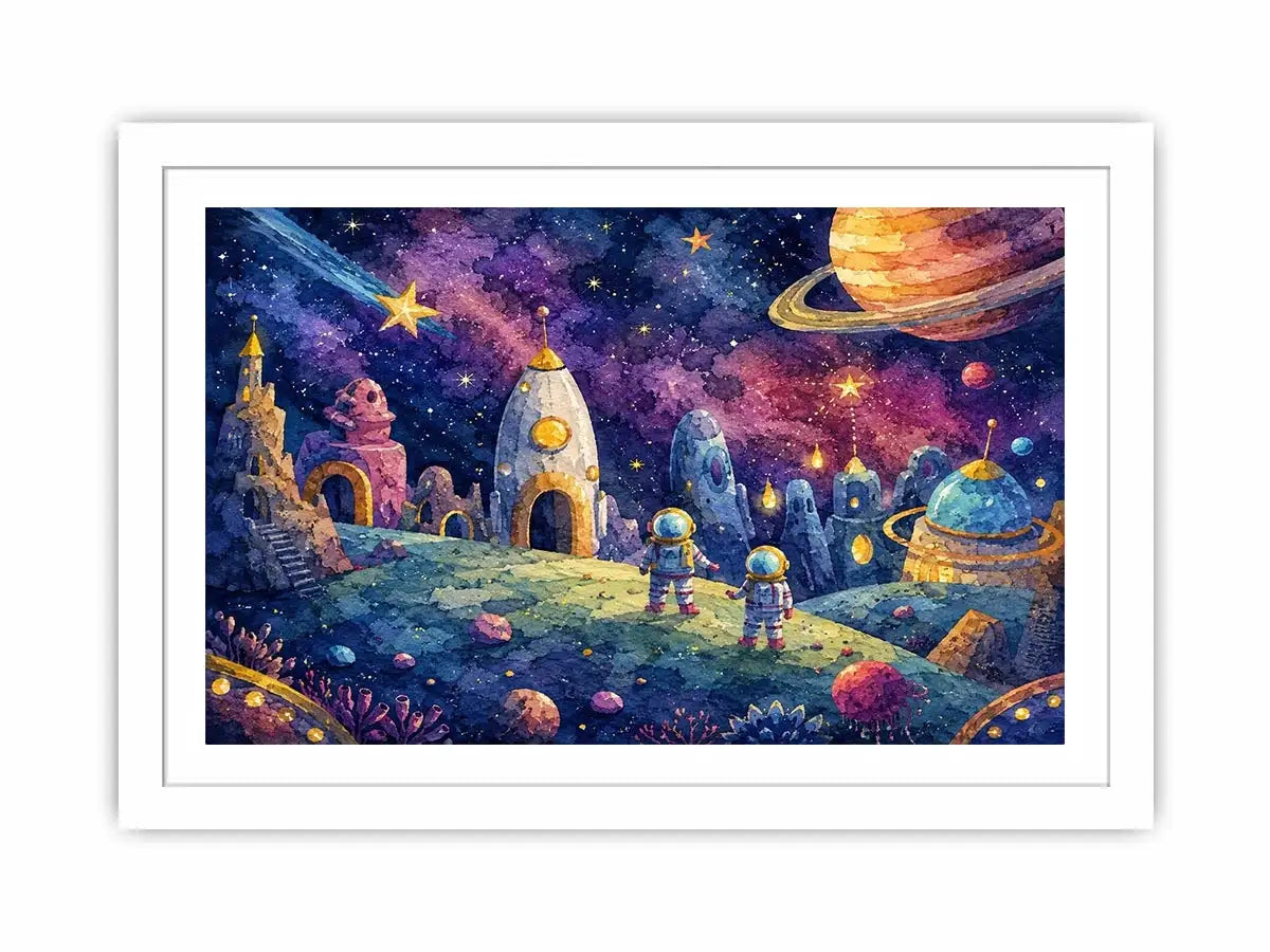Cosmic Explorer Village watercolor style canvas art for elegant modern home decor.