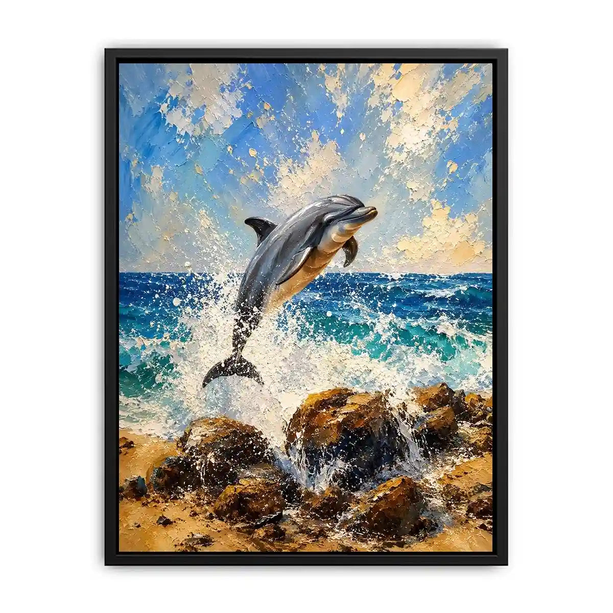 Coastal Dolphin Splash watercolor style canvas art for elegant modern home decor.