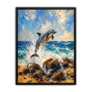 Coastal Dolphin Splash watercolor style canvas art for elegant modern home decor.