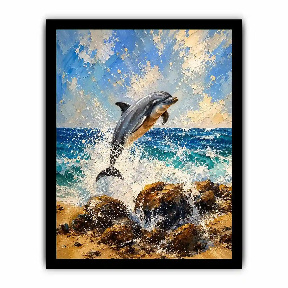 Coastal Dolphin Splash watercolor style canvas art for elegant modern home decor.
