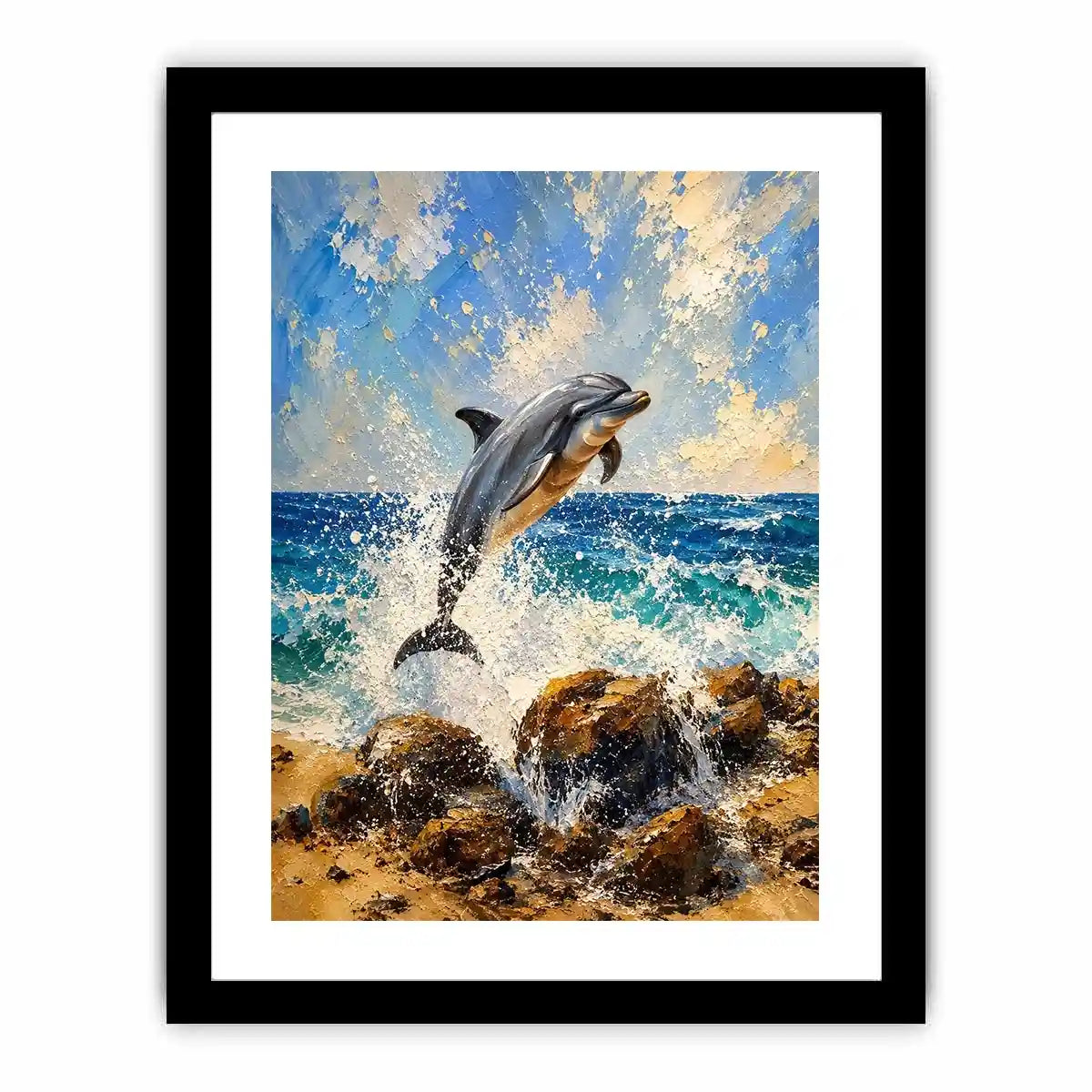 Coastal Dolphin Splash watercolor style canvas art for elegant modern home decor.