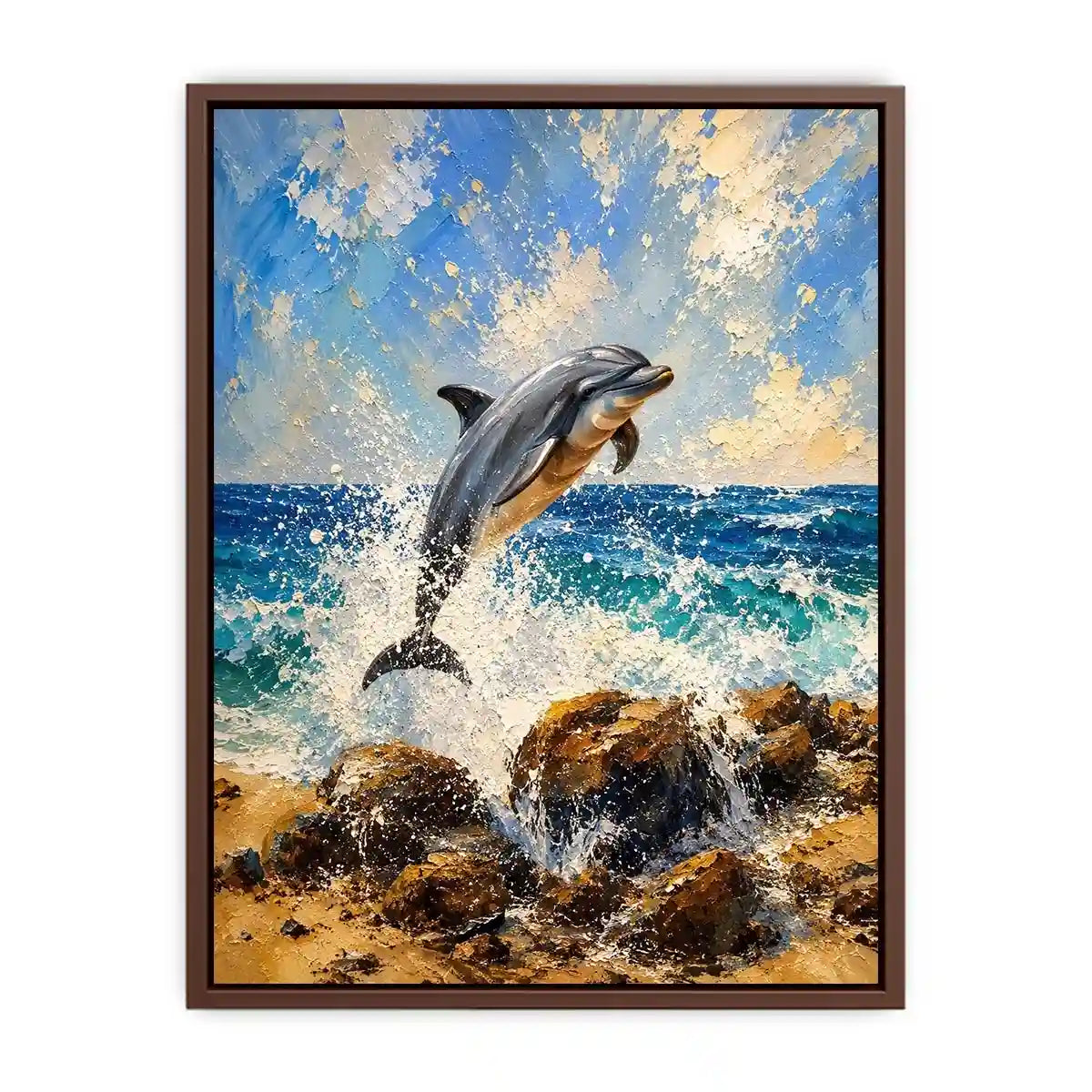 Coastal Dolphin Splash watercolor style canvas art for elegant modern home decor.