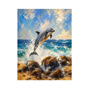 Coastal Dolphin Splash watercolor style canvas art for elegant modern home decor.