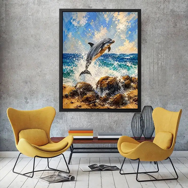 Coastal Dolphin Splash watercolor style canvas art for elegant modern home decor.