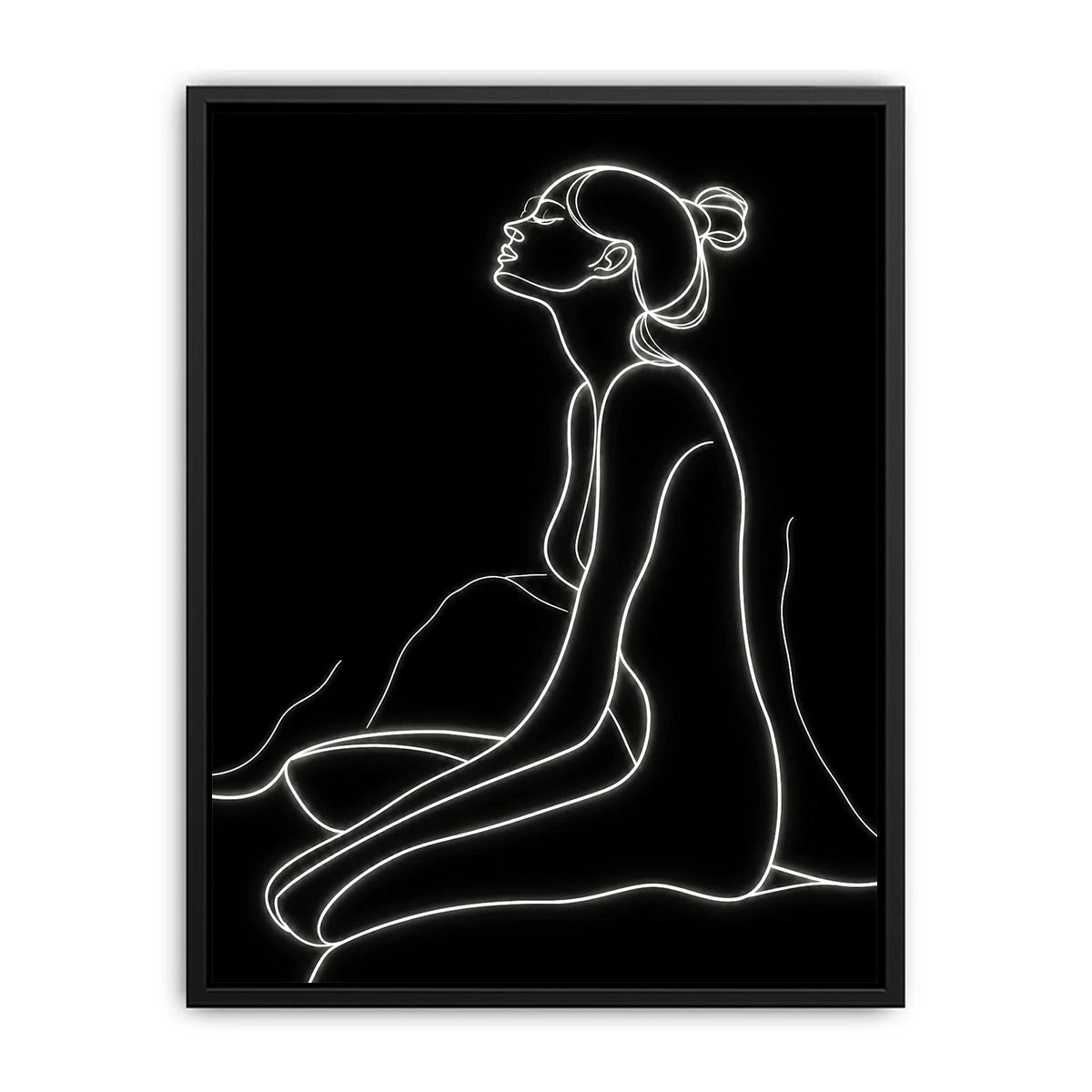 Minimal glowing line art of a seated woman for modern bedroom and living room decor.
