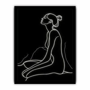Minimal glowing line art of a seated woman for modern bedroom and living room decor.