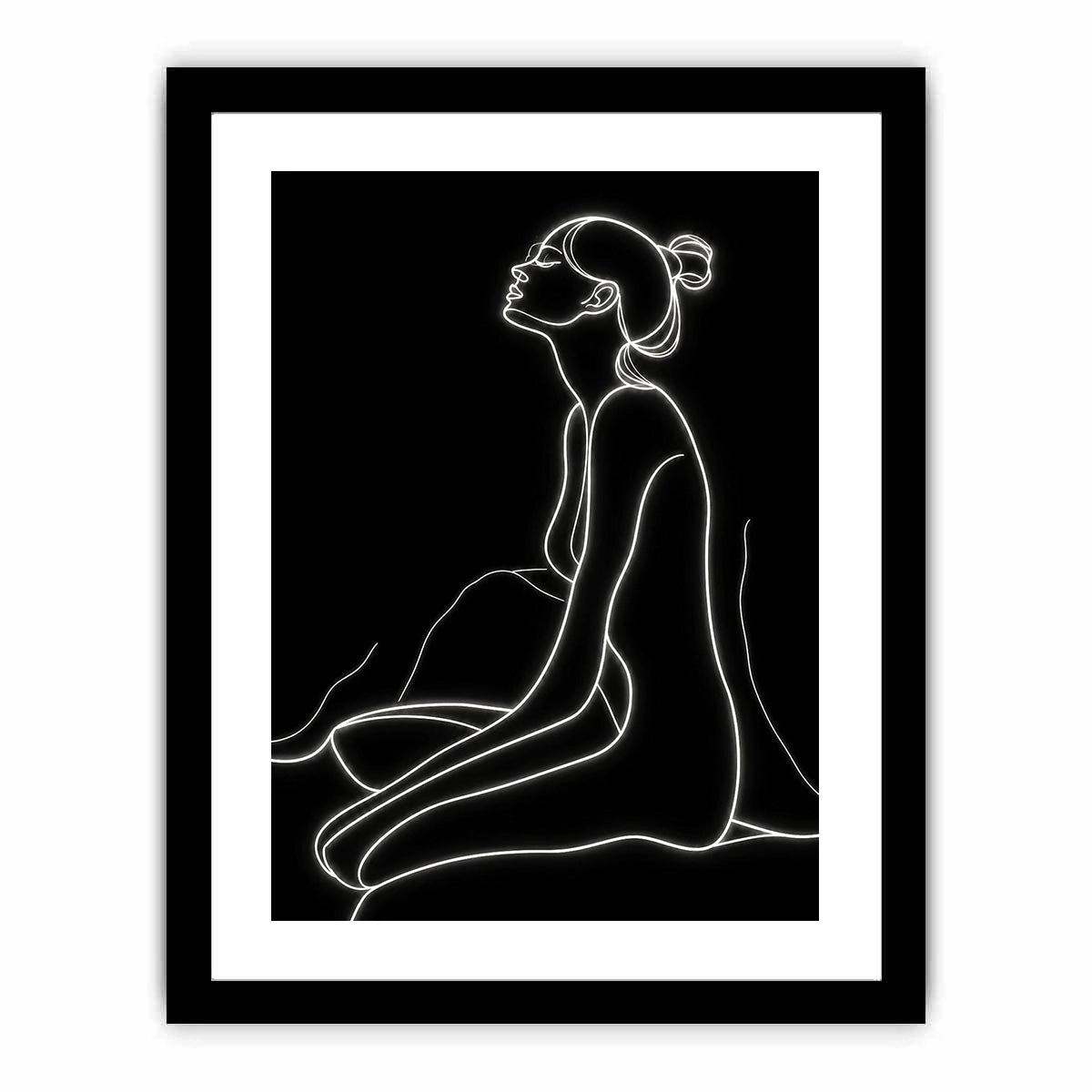 Minimal glowing line art of a seated woman for modern bedroom and living room decor.