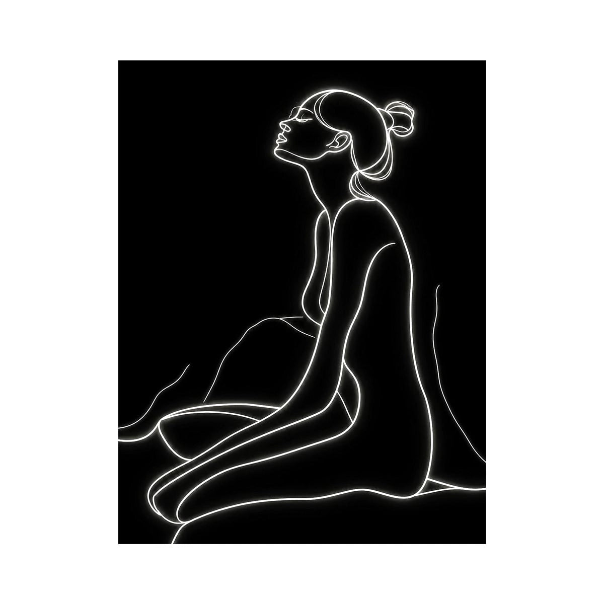 Minimal glowing line art of a seated woman for modern bedroom and living room decor.
