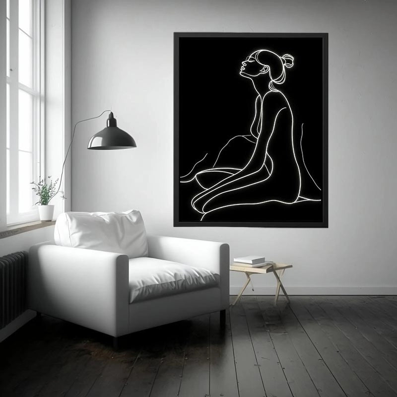 Minimal glowing line art of a seated woman for modern bedroom and living room decor.