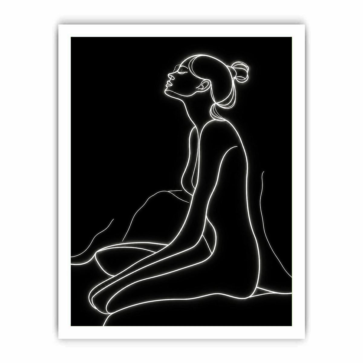 Minimal glowing line art of a seated woman for modern bedroom and living room decor.
