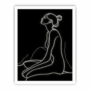 Minimal glowing line art of a seated woman for modern bedroom and living room decor.