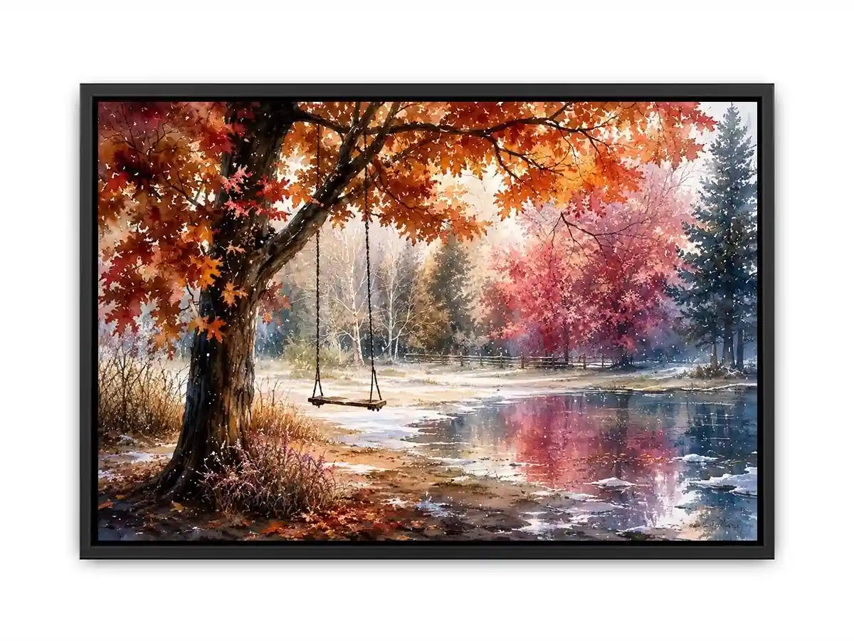 Watercolor autumn landscape with lakeside swing for warm living room decor.