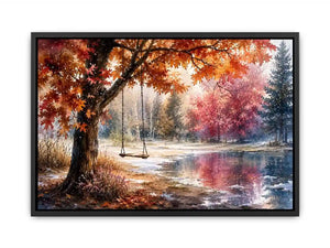 Watercolor autumn landscape with lakeside swing for warm living room decor.