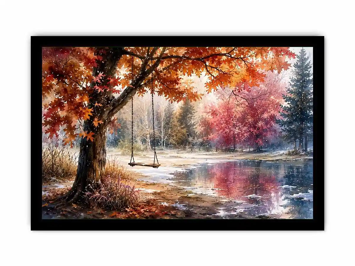 Watercolor autumn landscape with lakeside swing for warm living room decor.